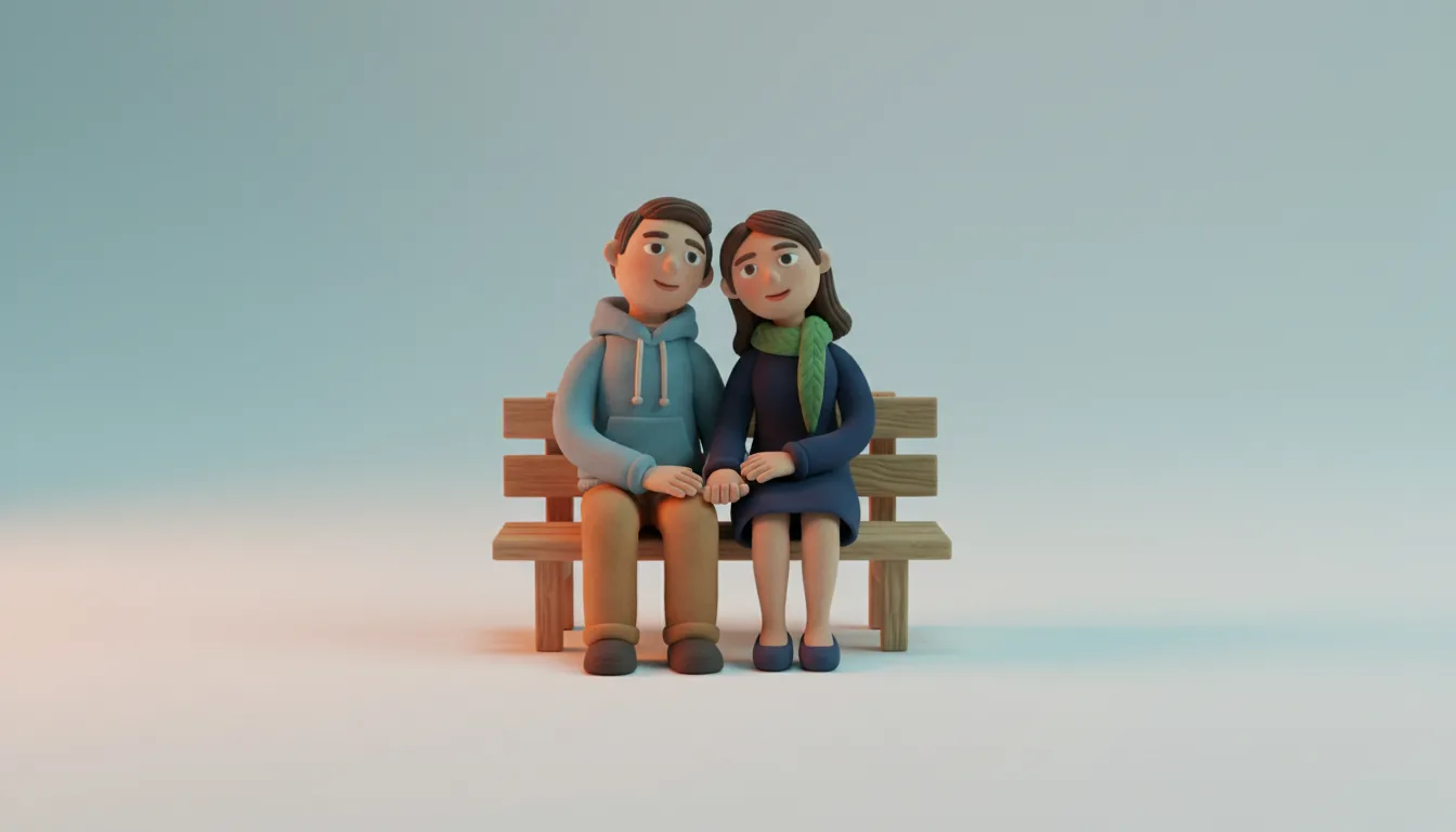 Two clay figures sitting on a bench at sunset, leaning toward each other in quiet comfort