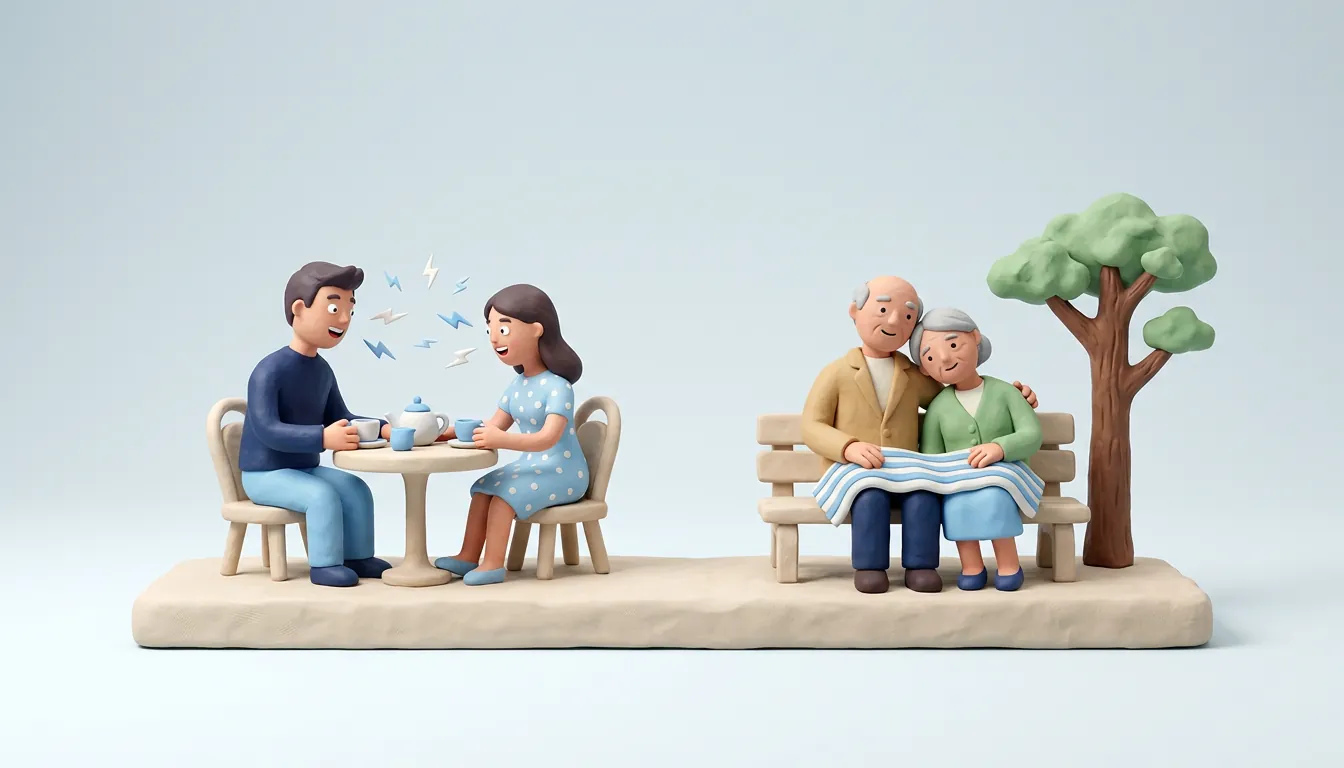 A clay couple on a first date with little sparks flying between them, next to an older couple resting close on a garden bench