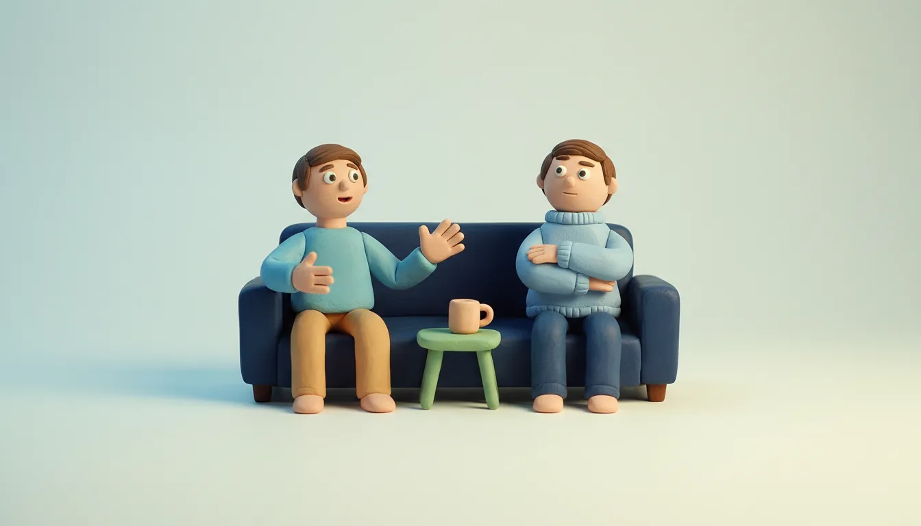A clay couple side by side on a couch, one gesturing while talking and the other listening with arms crossed