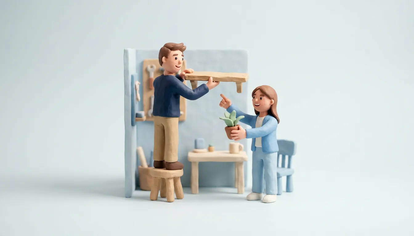 A clay man on a stool hangs a shelf while a woman hands him a plant and points to where it should go