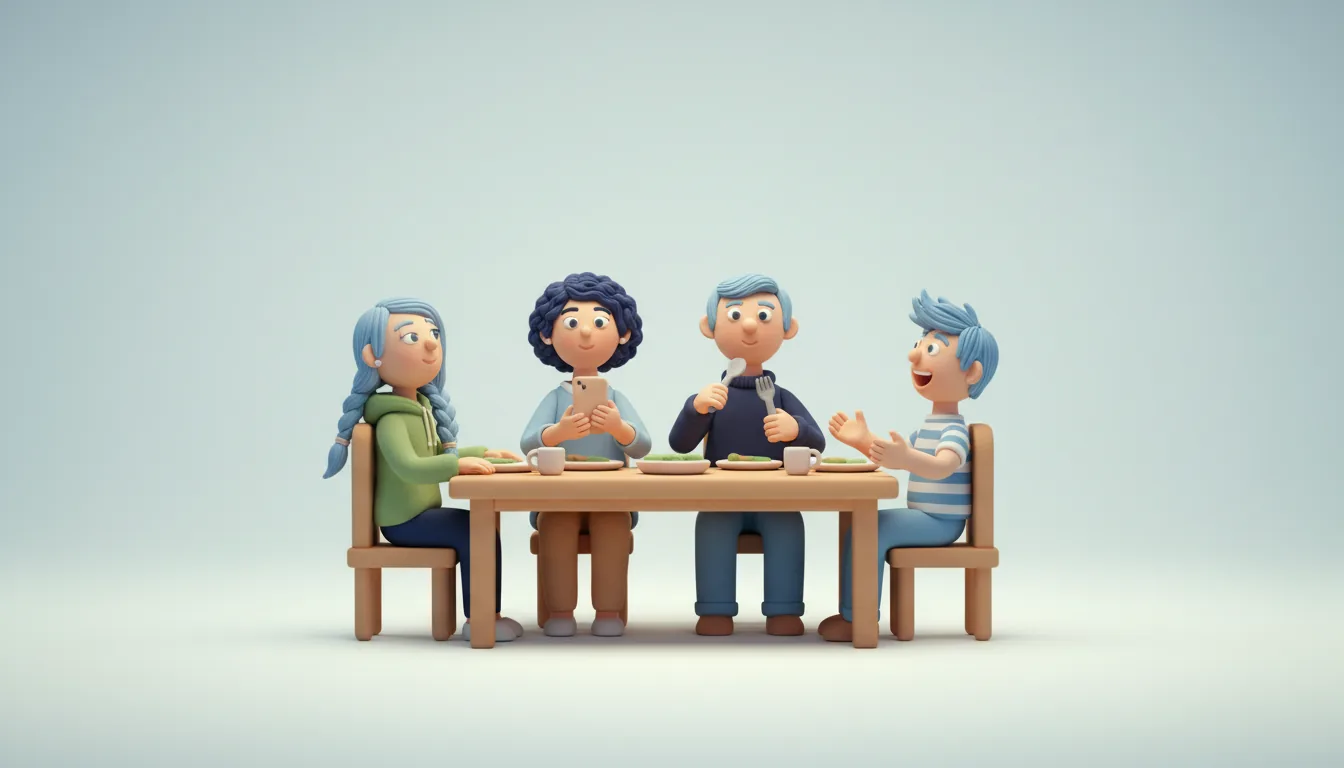 A clay family of four at a dinner table, one on a phone, one eating, one talking with their hands and one listening