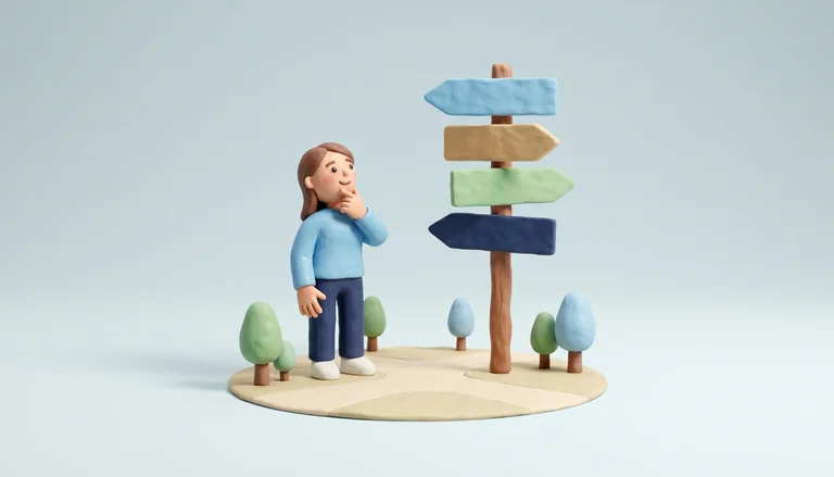 A clay figure at a signpost with four blank arrows, thinking which way to go