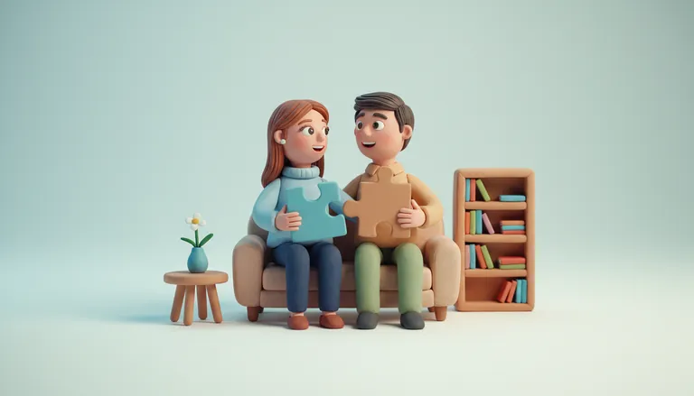 A clay couple on a sofa fitting a blue and a sand puzzle piece together