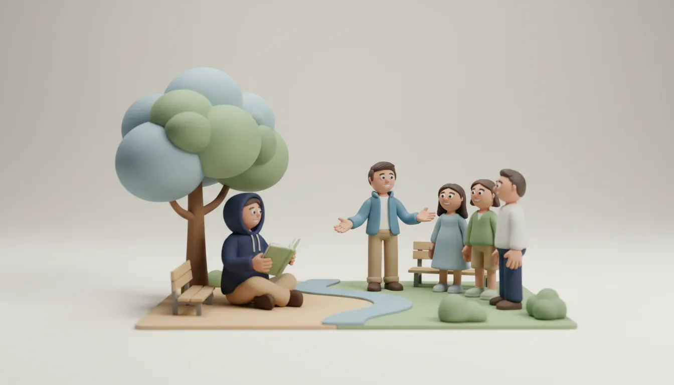 Two clay figures in a quiet park, one reading alone under a tree, the other chatting animatedly with a group nearby