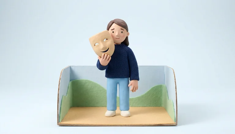 A clay figure holding a smiling mask beside her calm, tired face