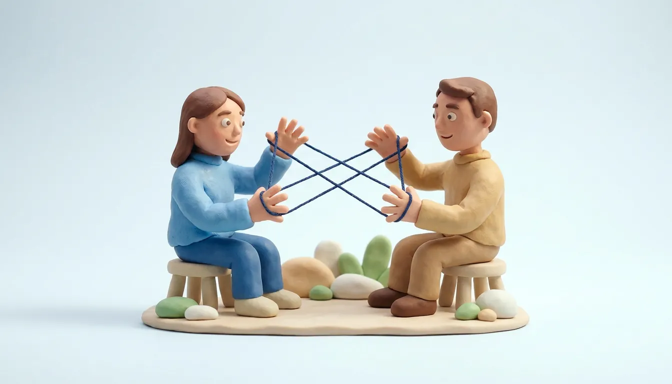 Two clay figures playing cat's cradle, a pattern of string stretched between their hands