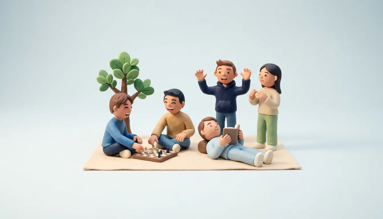 A clay group of friends on a picnic blanket under a small tree: two play chess, one reads lying down, and two stand and wave