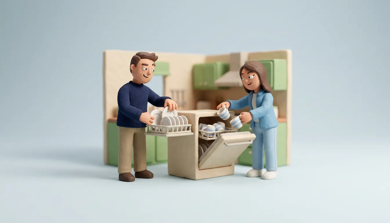 A clay couple loading a dishwasher together in a small kitchen, each stacking it their own way