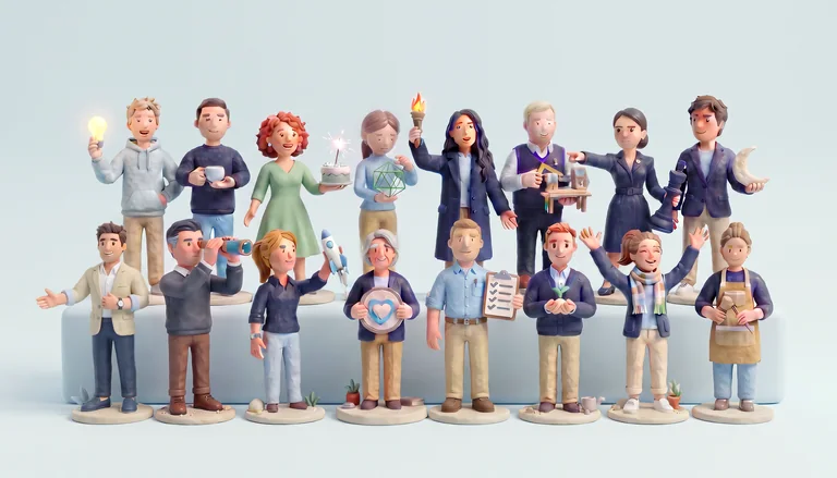 Sixteen clay figures, one for each socionics type, standing together in two rows, each holding the object of their type