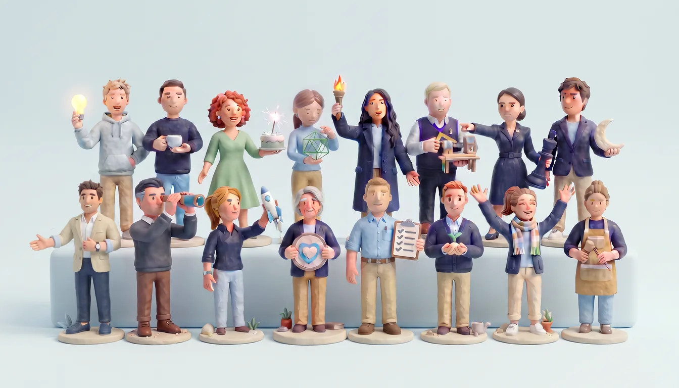 Sixteen clay figures, one for each socionics type, standing together in two rows, each holding the object of their type