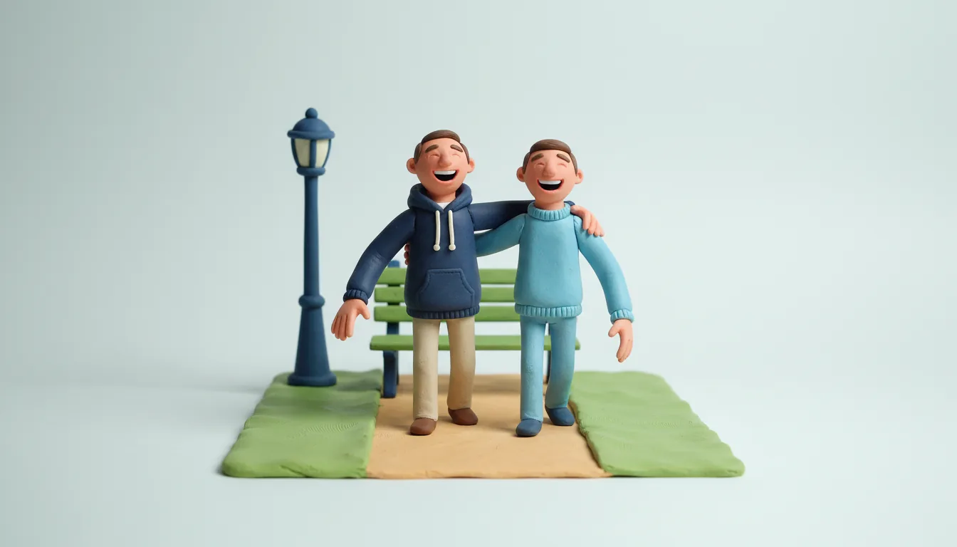 A clay pair of best friends walking side by side on a quiet path, one with an arm around the other